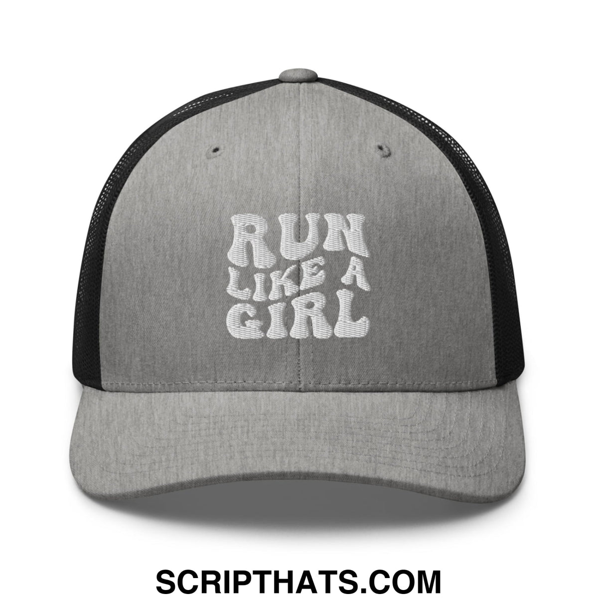 Gray and black mesh trucker hat with white embroidered run like a girl text on the front