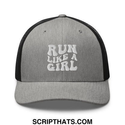 Gray and black mesh trucker hat with white embroidered run like a girl text on the front