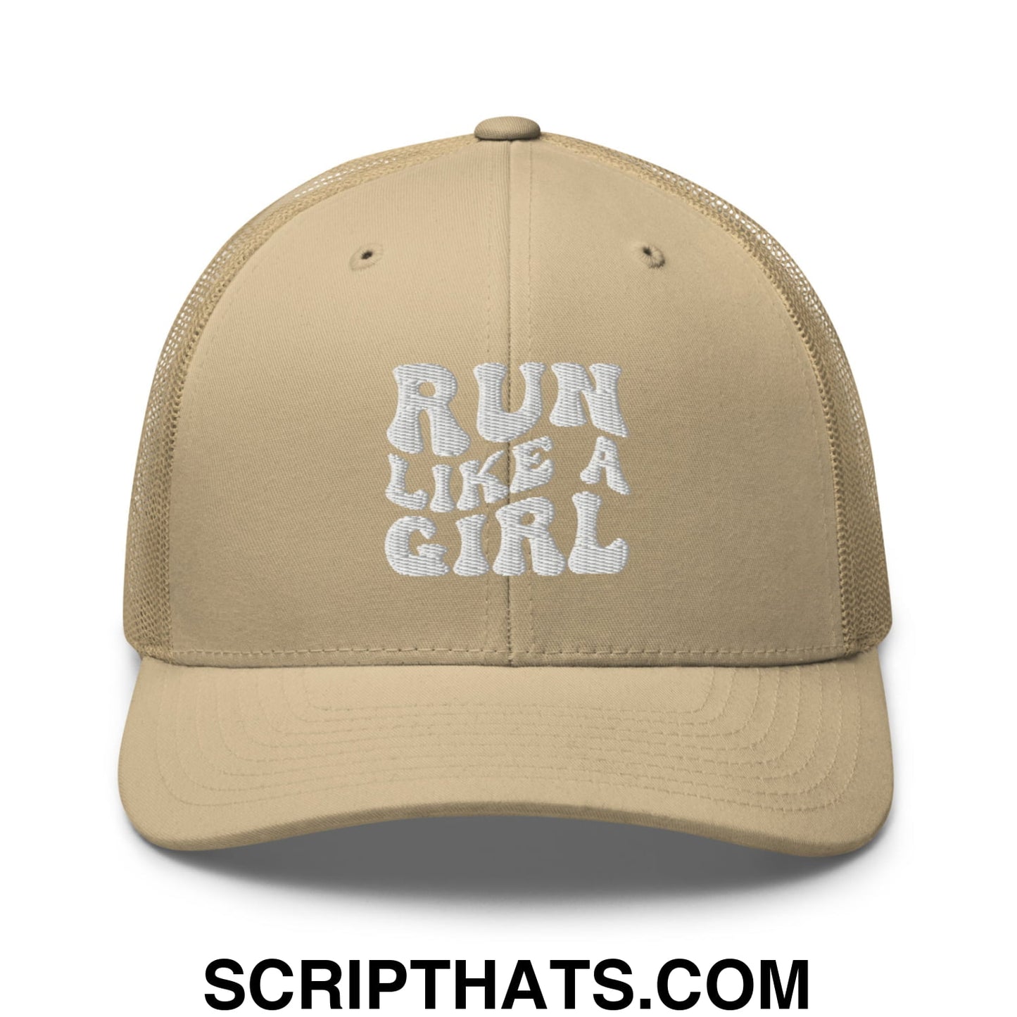 Run Like a Girl Embroidered Mesh Trucker Hat Khaki