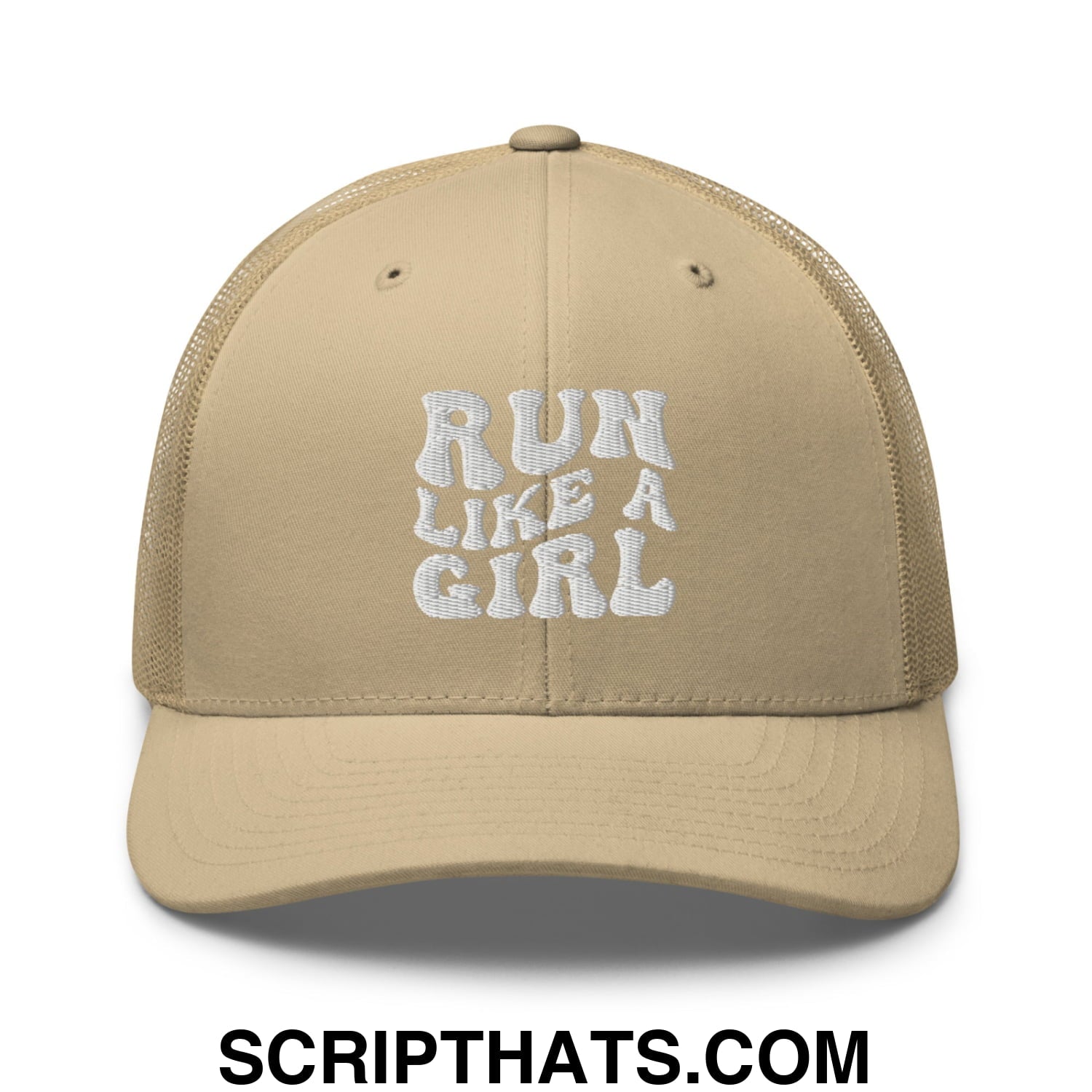 Run Like a Girl Embroidered Mesh Trucker Hat Khaki