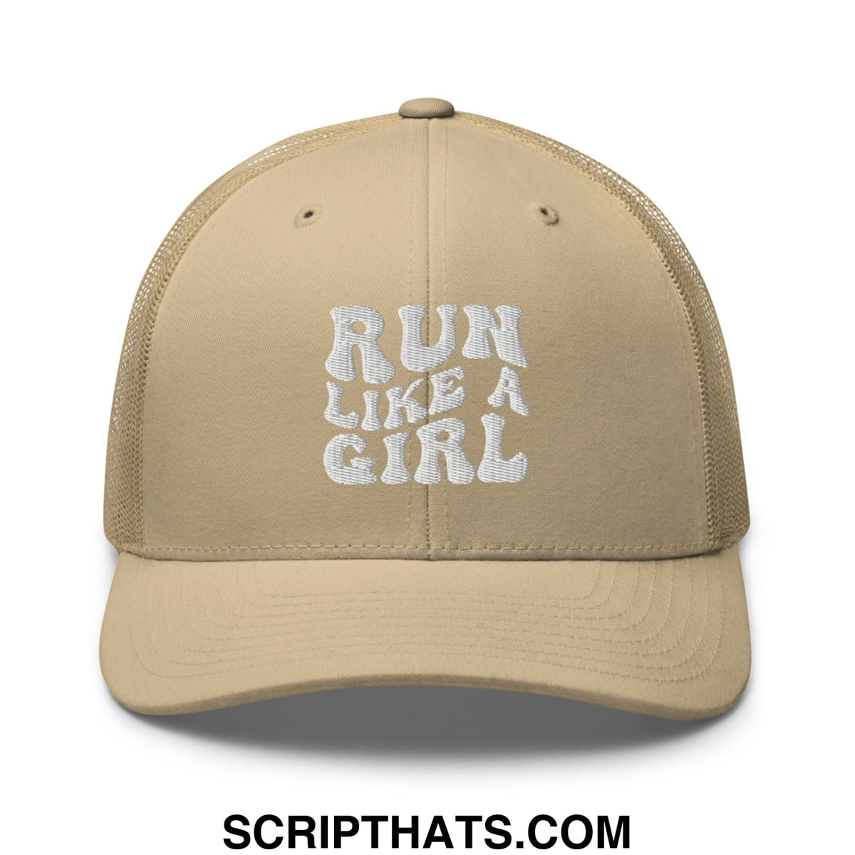 Beige mesh trucker hat with white embroidered run like a girl text designed for casual outdoor wear