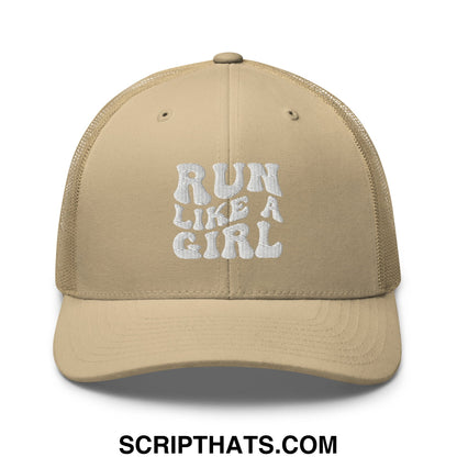 Beige mesh trucker hat with white embroidered run like a girl text designed for casual outdoor wear