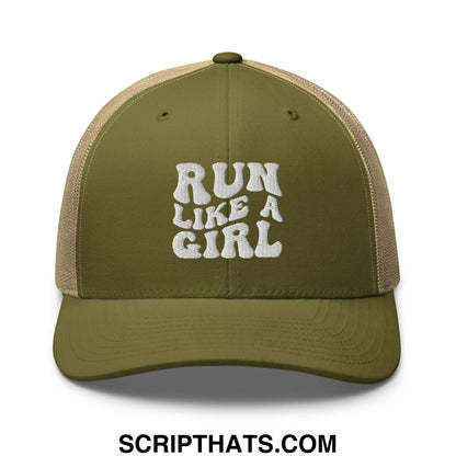 Olive green and tan mesh trucker hat with white embroidered run like a girl text on the front panel
