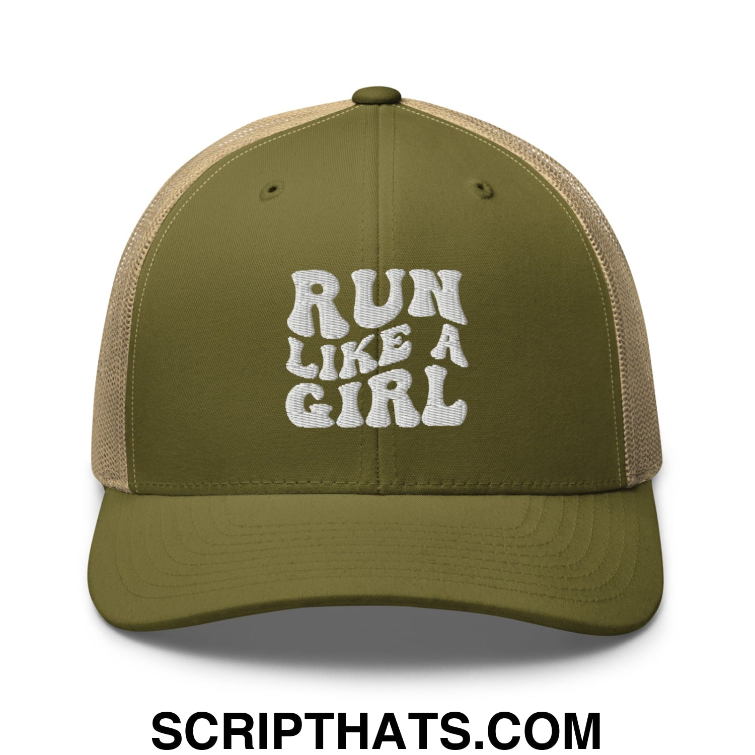 Run Like a Girl Embroidered Mesh Trucker Hat Moss Khaki