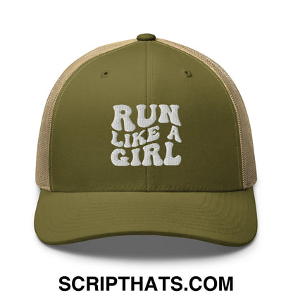 Run Like a Girl Embroidered Mesh Trucker Hat Moss Khaki