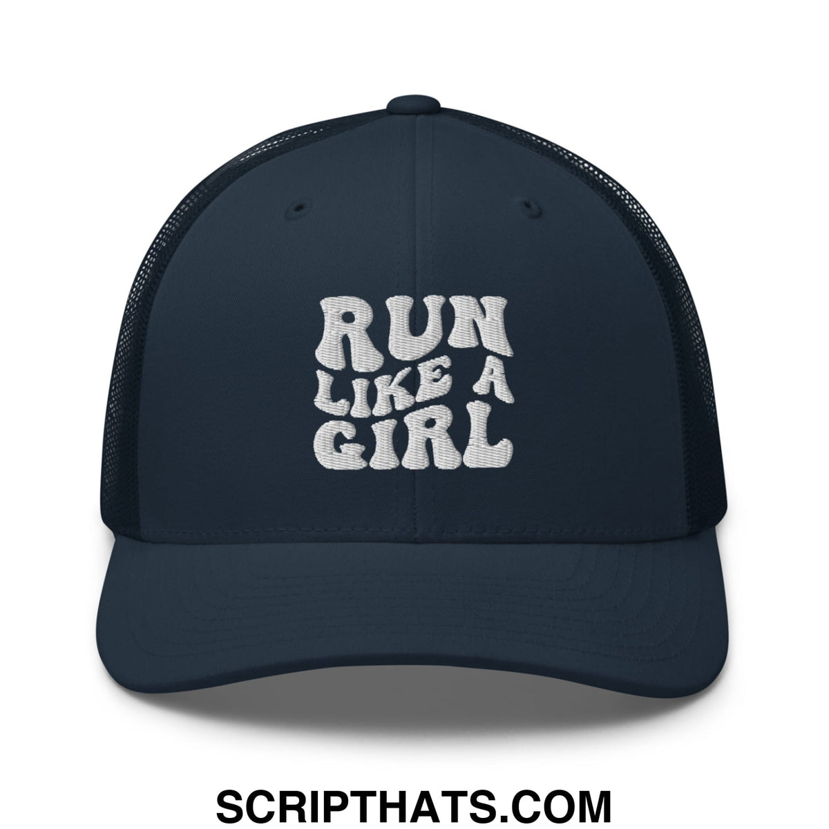 Dark navy blue mesh trucker hat with white embroidered run like a girl text on the front