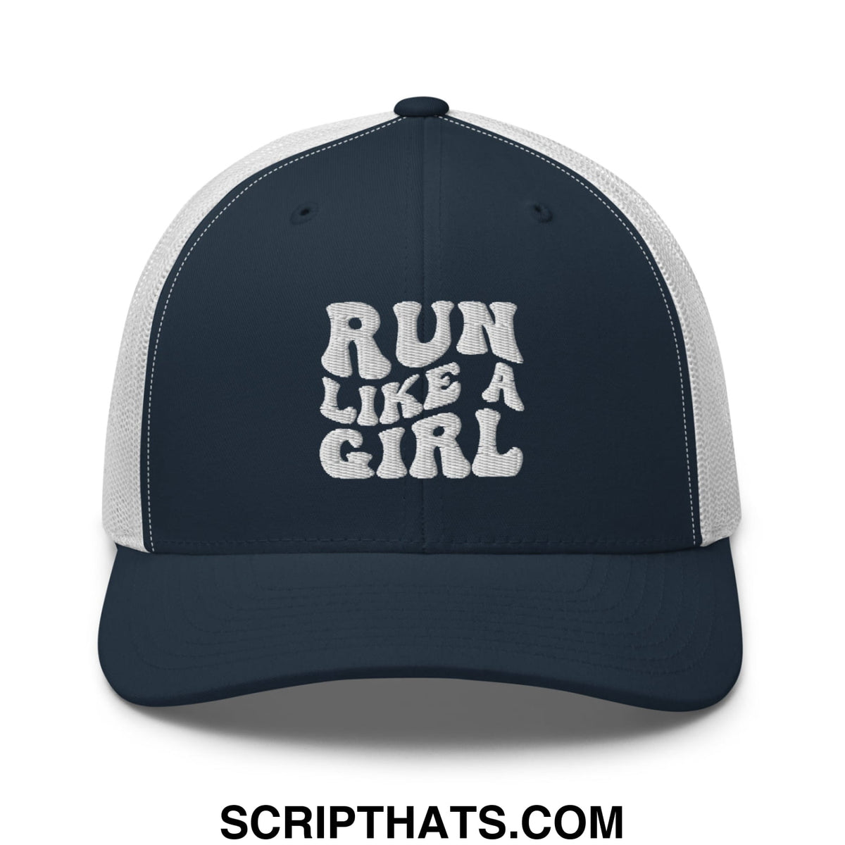 Navy blue and white mesh trucker hat with embroidered run like a girl text in bold retro-style font