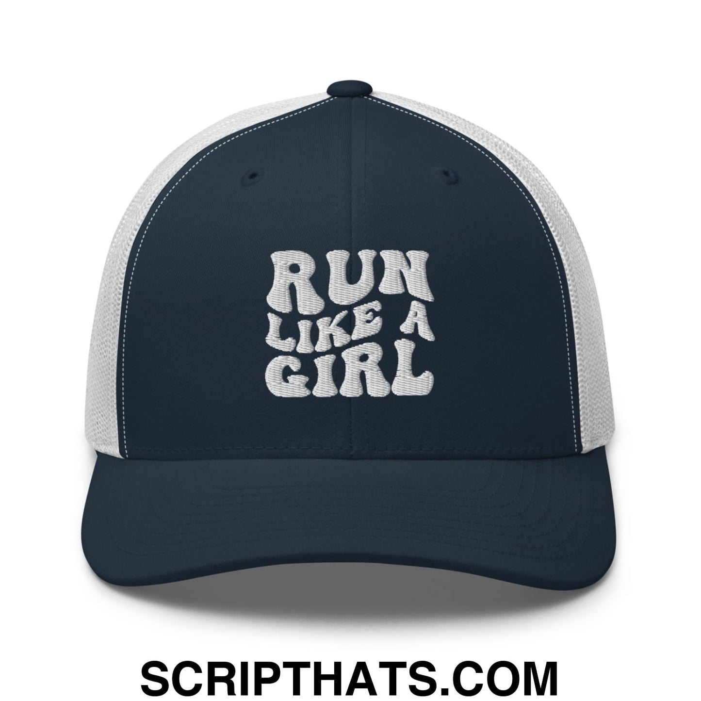 Run Like a Girl Embroidered Mesh Trucker Hat Navy White