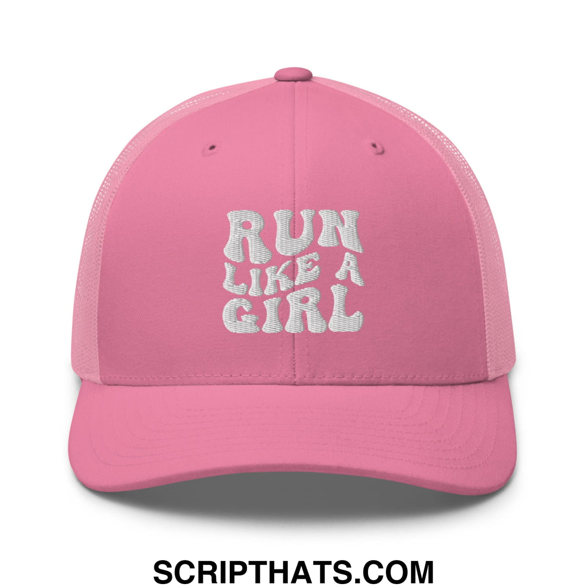 Pink mesh trucker hat with white embroidered run like a girl text promoting active and confident wear