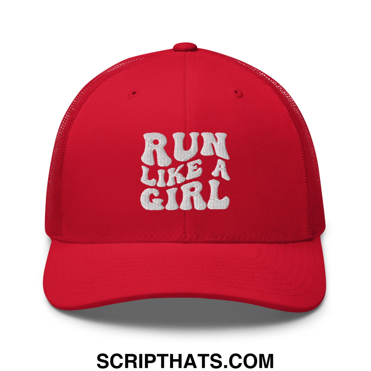 Red mesh trucker hat with white embroidered run like a girl text featuring breathable mesh panels