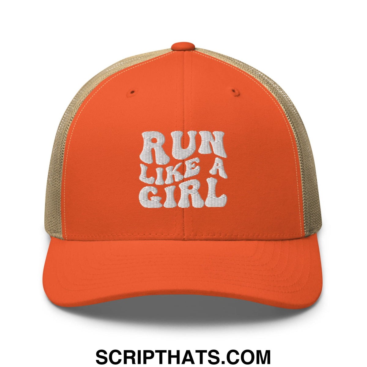Orange and beige mesh trucker hat with white embroidered run like a girl text front panel design