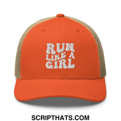 Orange and beige mesh trucker hat with white embroidered run like a girl text front panel design