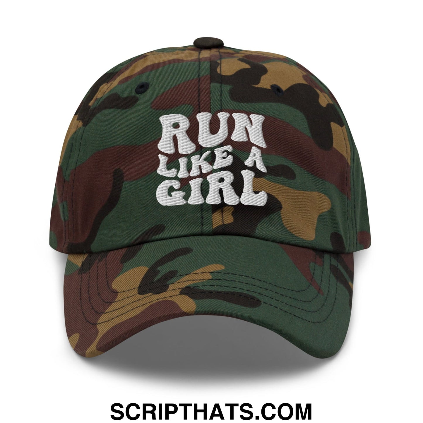 Run Like a Girl Embroidered Unstructured Dad Hat Green Camo