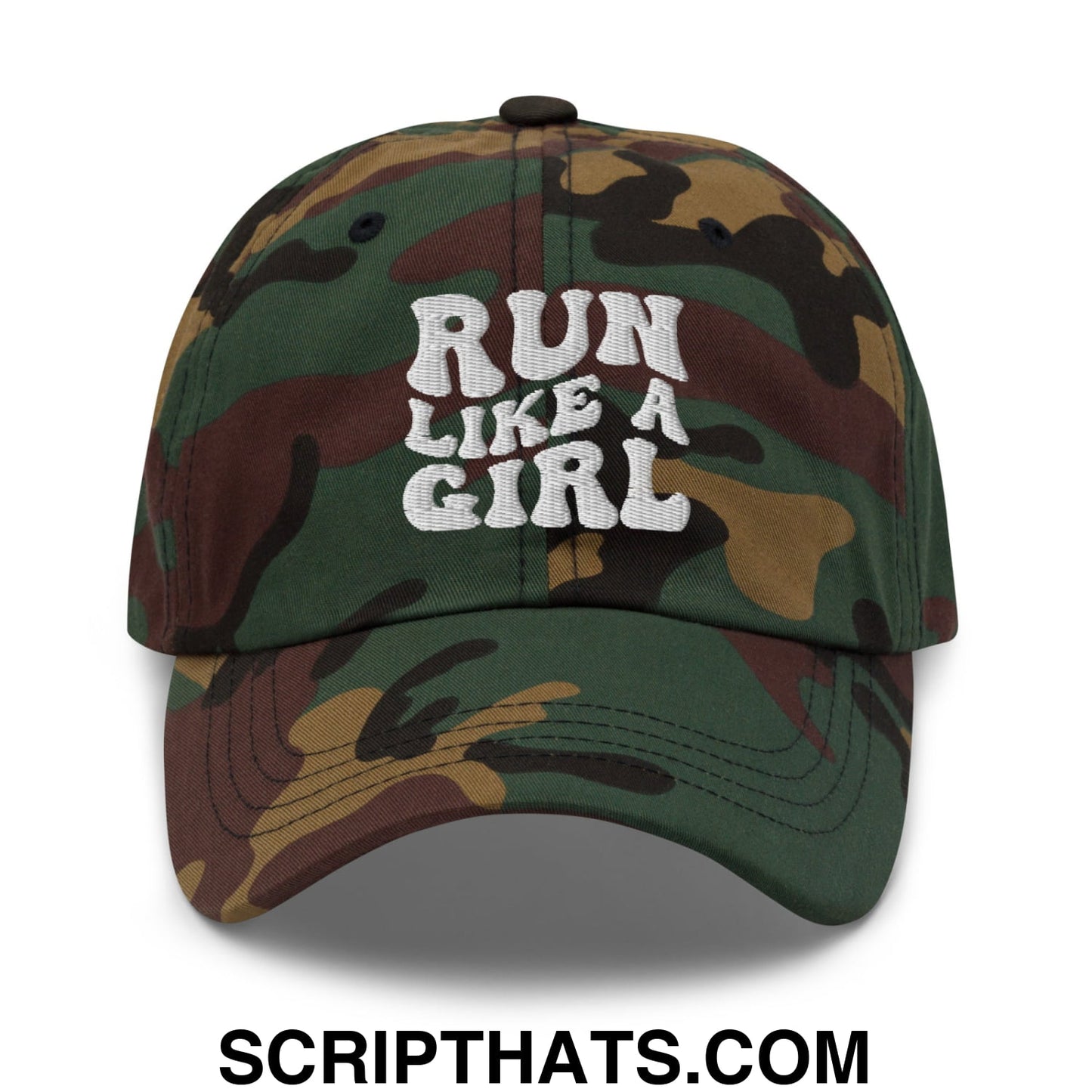 Run Like a Girl Embroidered Unstructured Dad Hat Green Camo