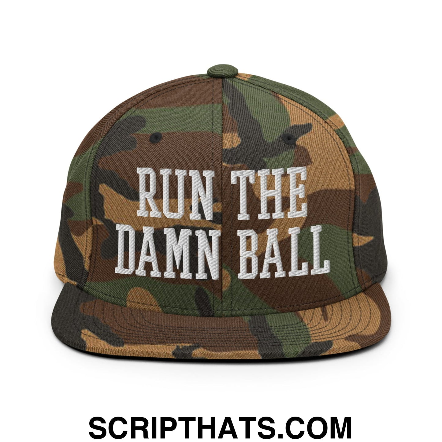 Run The Damn Ball Embroidered Flat Bill Brim Snapback Hat Green Camo