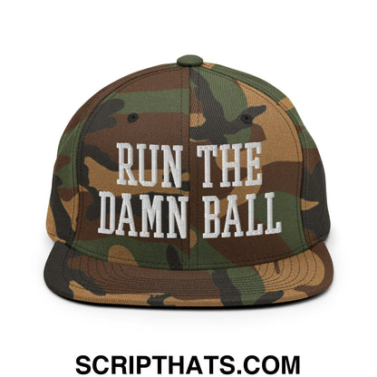 Run The Damn Ball Embroidered Flat Bill Brim Snapback Hat Green Camo