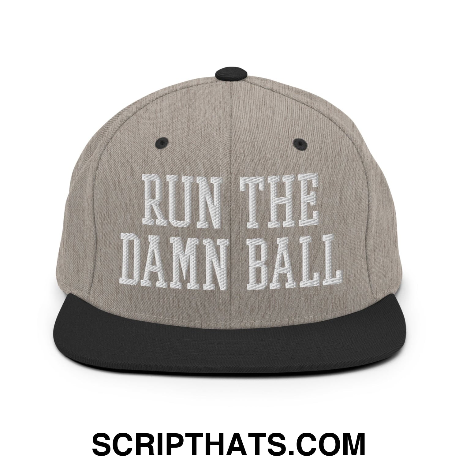 Run The Damn Ball Embroidered Flat Bill Brim Snapback Hat Heather Black