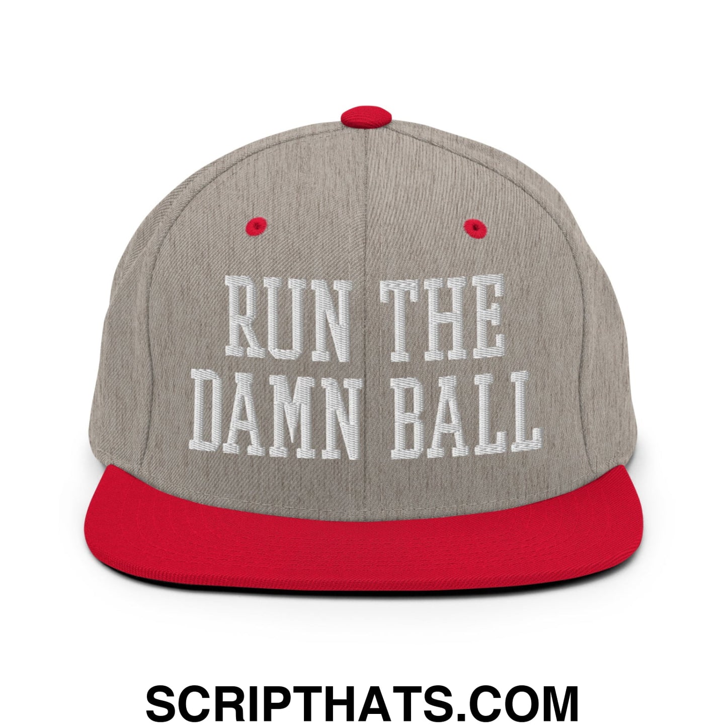 Run The Damn Ball Embroidered Flat Bill Brim Snapback Hat Heather Grey Red
