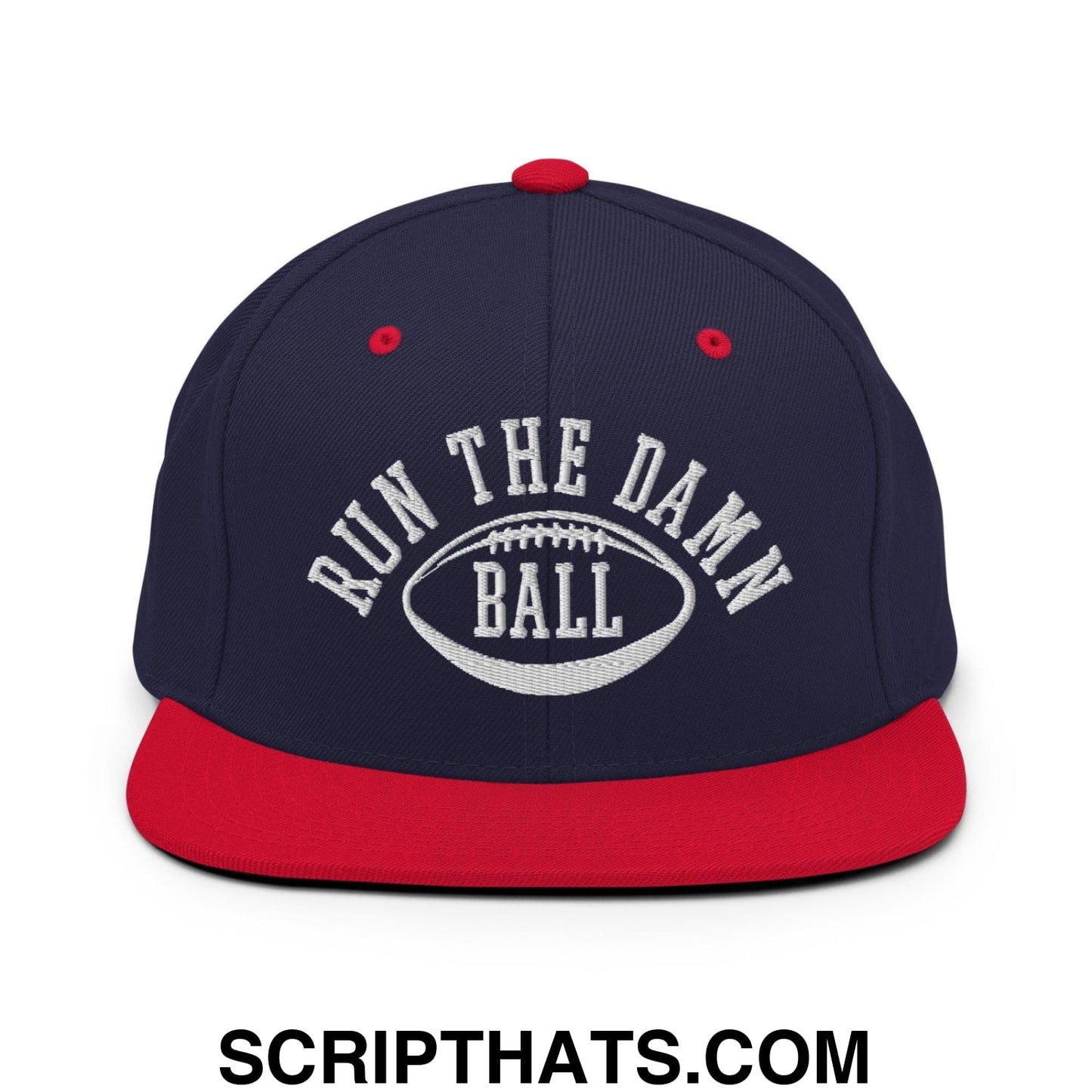 Run The Damn Ball Embroidered Flat Bill Brim Snapback Hat Navy Red