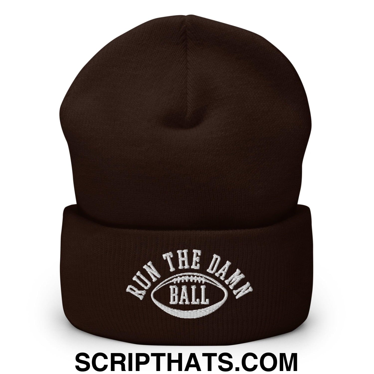 Run The Damn Ball Embroidered Knit Cuffed Beanie Brown
