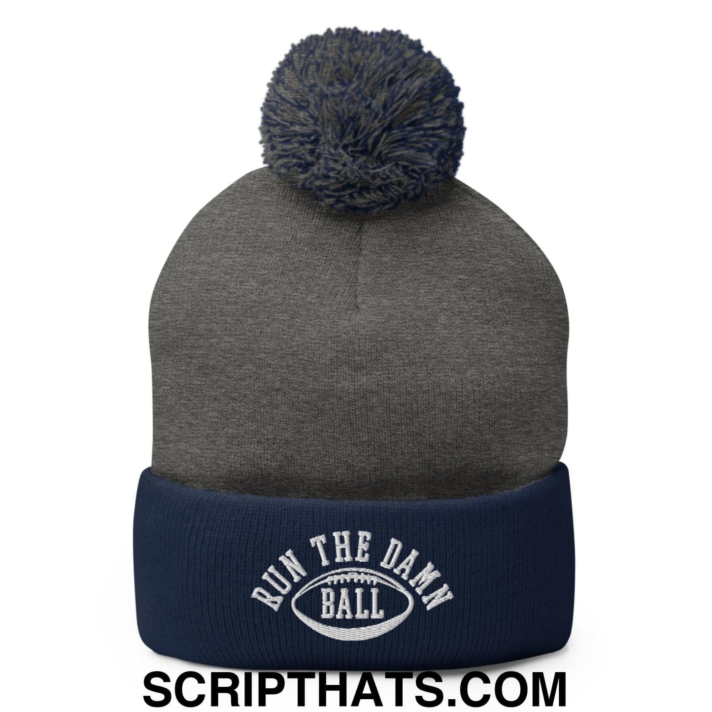 Run The Damn Ball Embroidered Knit Pom Pom Beanie Dark Heather Grey Navy
