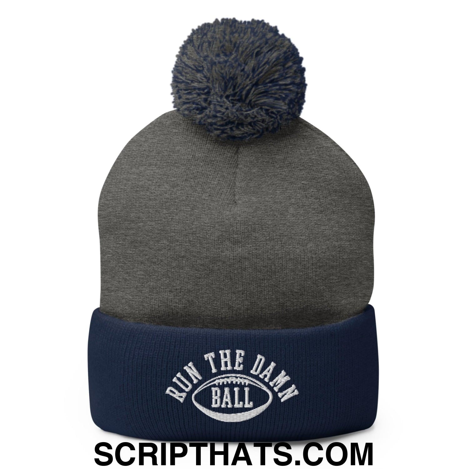 Run The Damn Ball Embroidered Knit Pom Pom Beanie Dark Heather Grey Navy