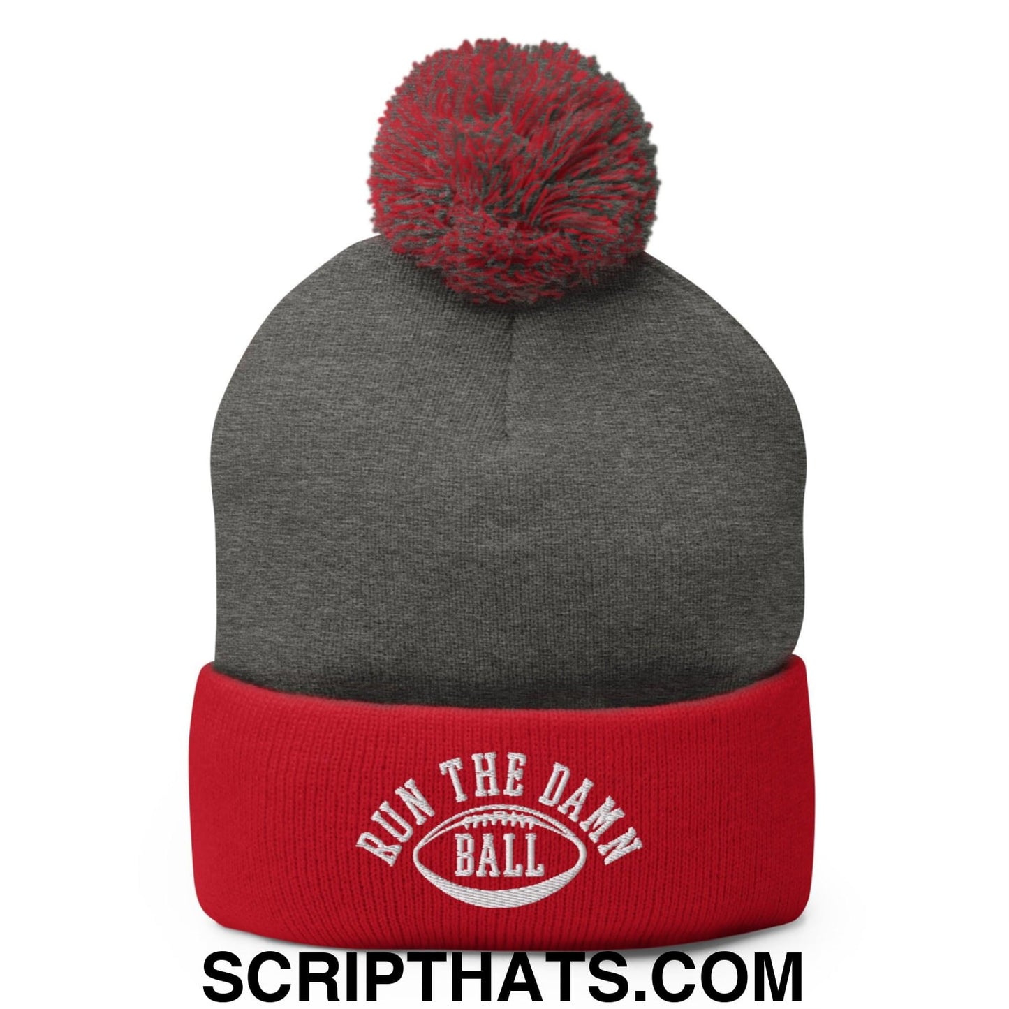 Run The Damn Ball Embroidered Knit Pom Pom Beanie Dark Heather Grey Red