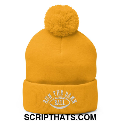 Run The Damn Ball Embroidered Knit Pom Pom Beanie Gold