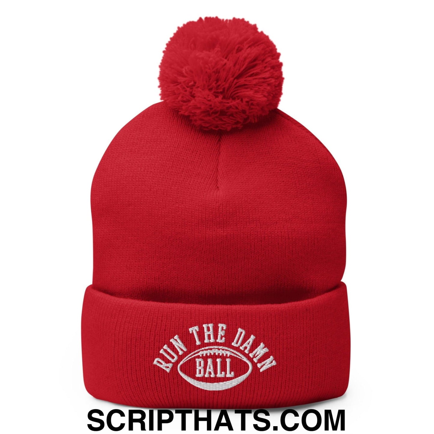 Run The Damn Ball Embroidered Knit Pom Pom Beanie Red