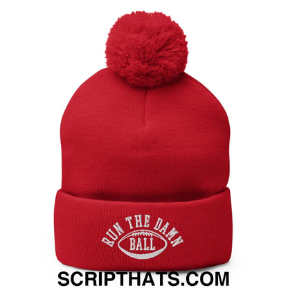 Run The Damn Ball Embroidered Knit Pom Pom Beanie Red