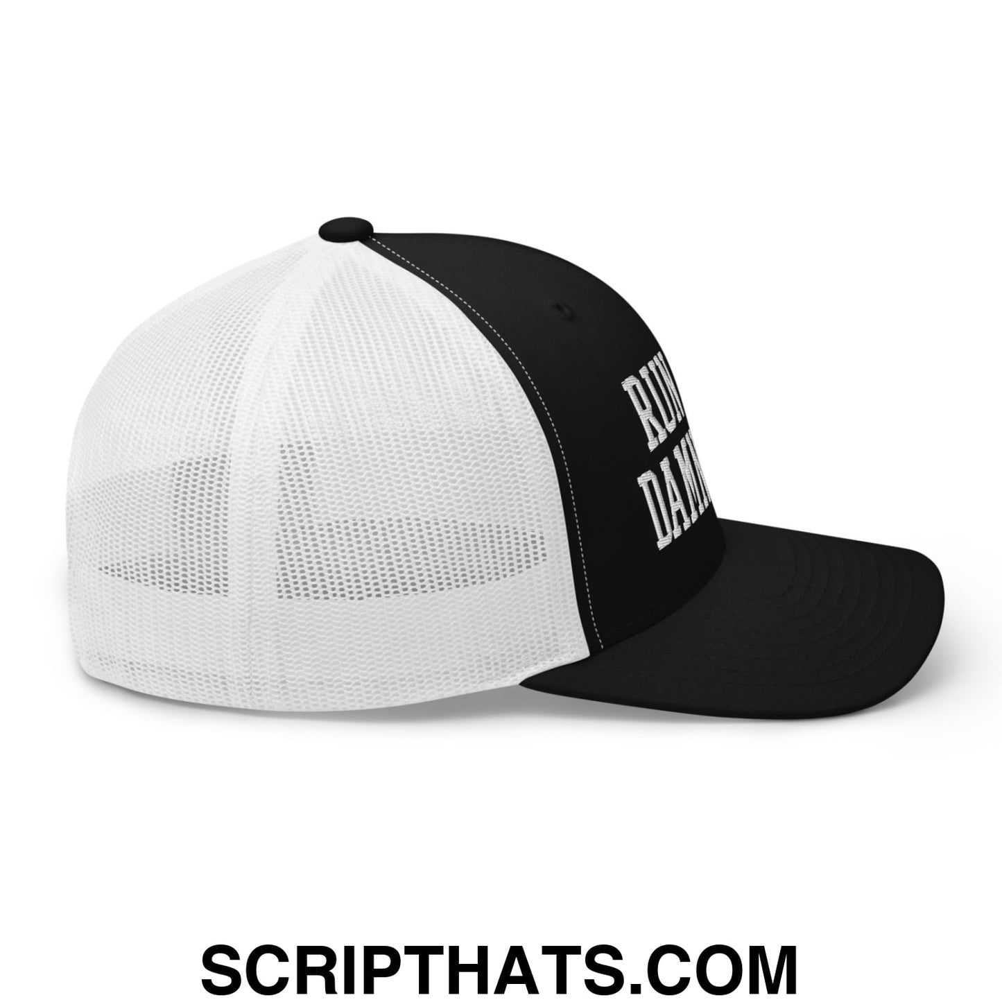 Black and white mesh trucker hat with rush damn embroidered in bold uppercase on front panel for casual wear