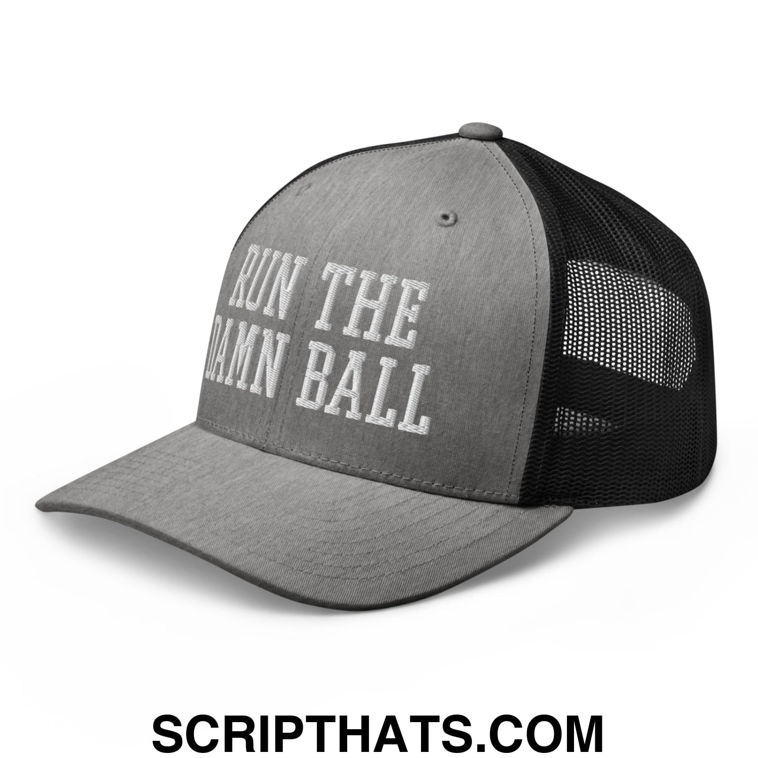 Gray and black mesh trucker hat with run the damn ball embroidered in white on the front panel