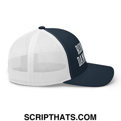 Navy blue and white mesh trucker hat with bold run dammit embroidery from run the damn ball collection