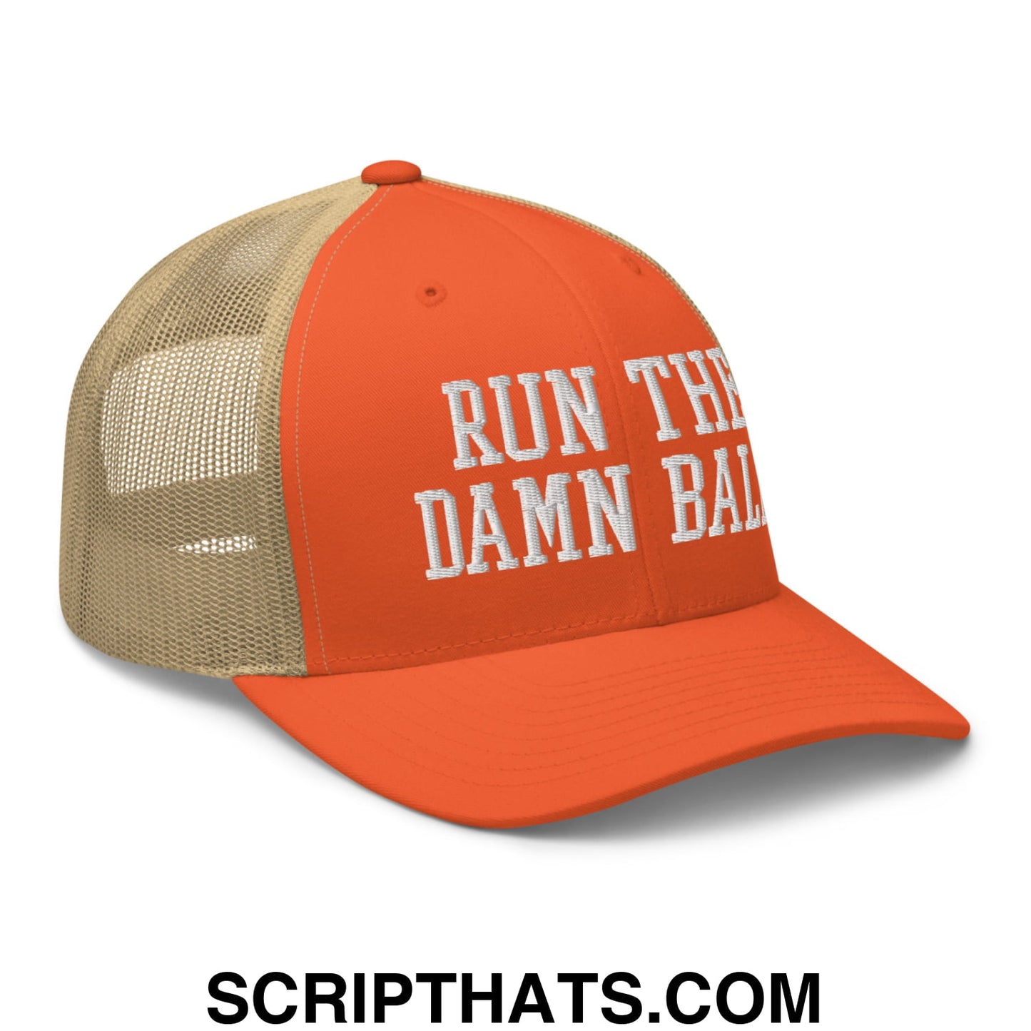 Orange and beige mesh trucker hat with white embroidered text run the damn ball in a sporty casual style