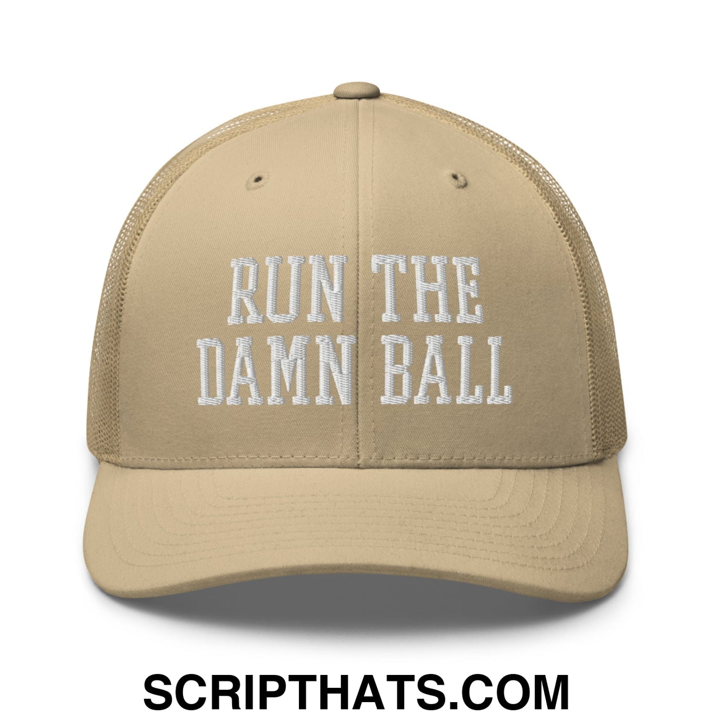 Beige mesh trucker hat with white embroidered run the damn ball text in a breathable casual design