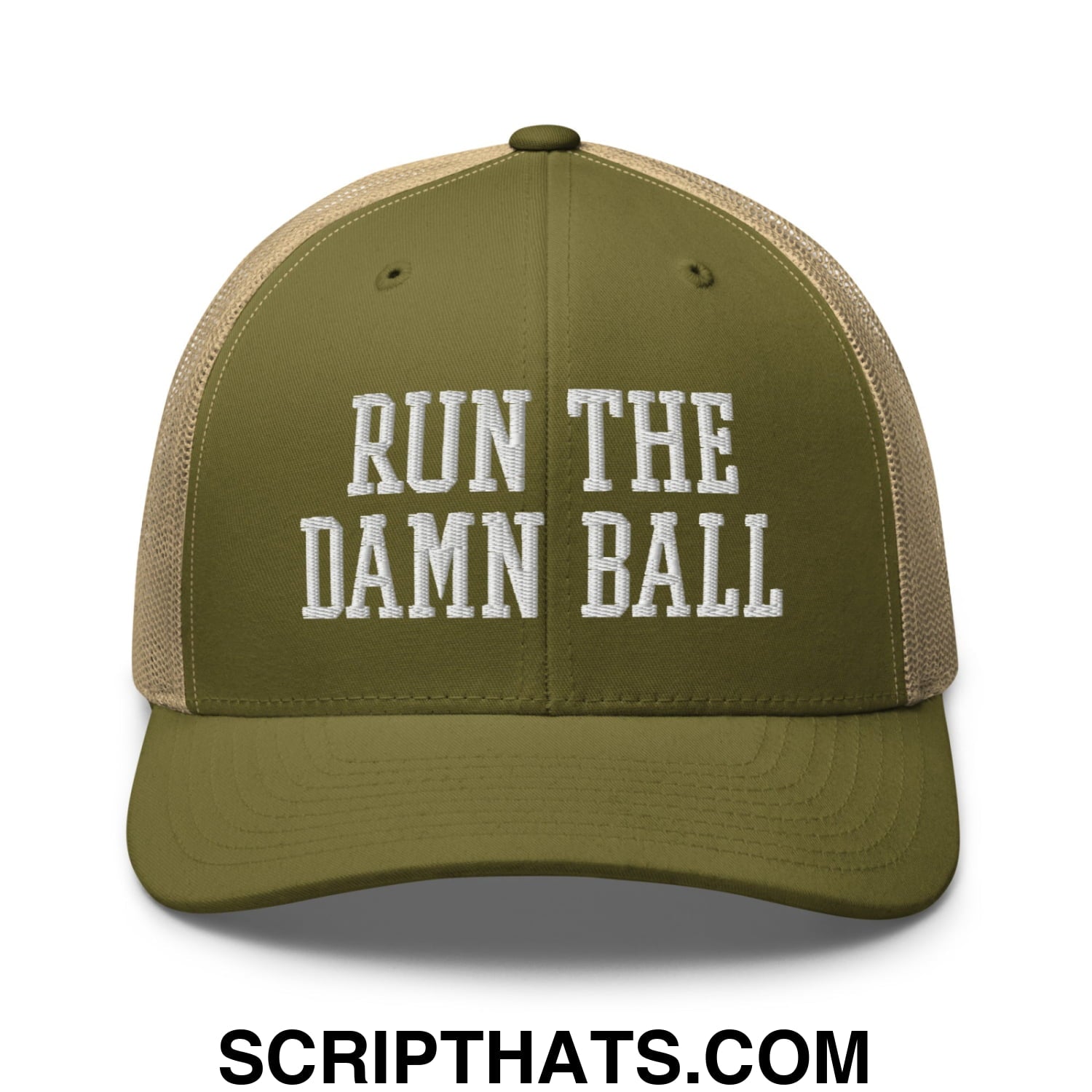 Olive green and tan mesh trucker hat with white embroidered run the damn ball text in Run The Damn Ball design