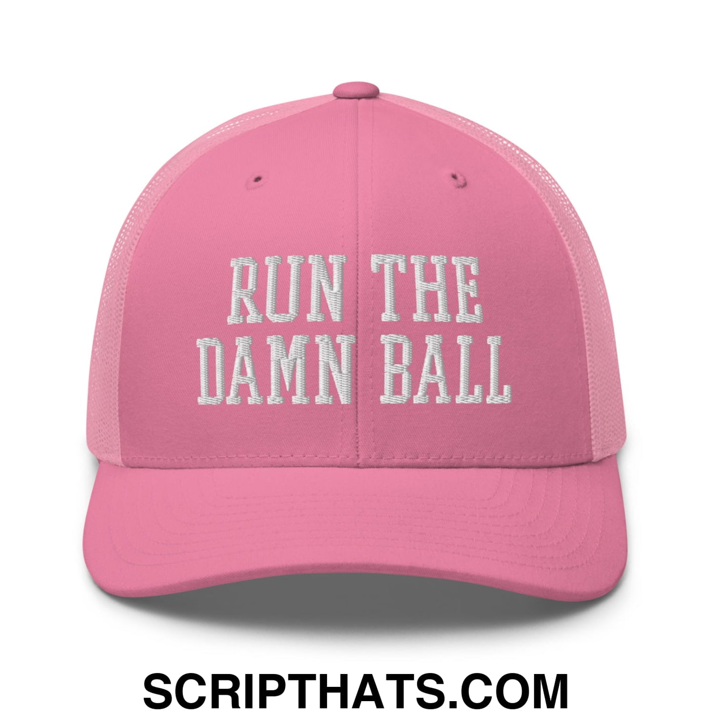 Pink embroidered mesh trucker hat with white run the damn ball text for casual sportswear and fan apparel