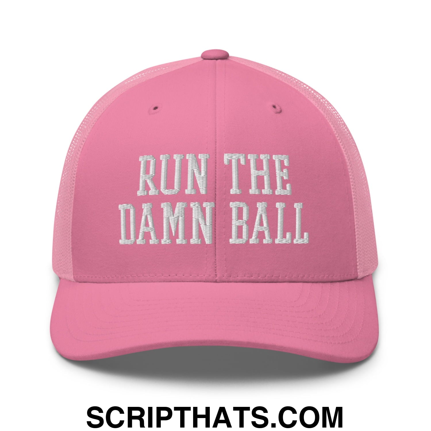 Pink embroidered mesh trucker hat with white run the damn ball text for casual sportswear and fan apparel