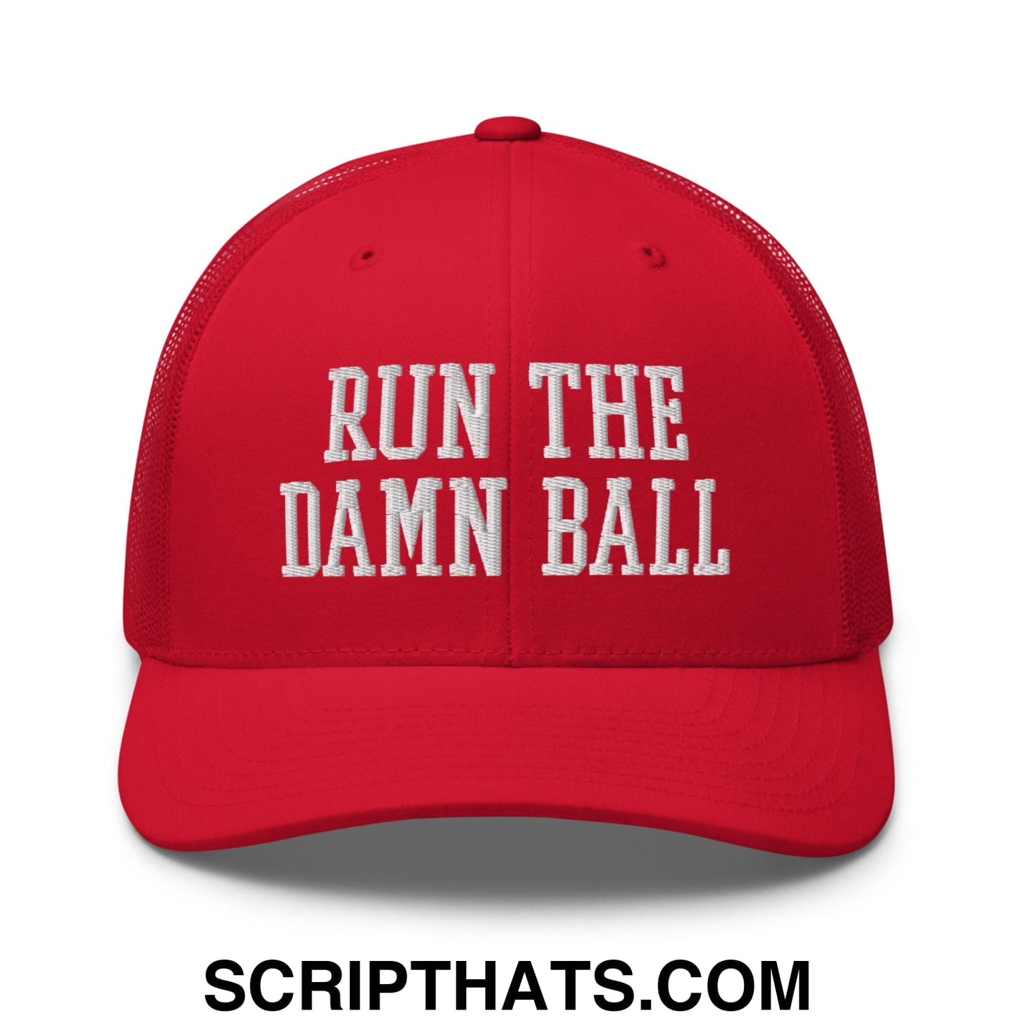 Red mesh trucker hat with white embroidered run the damn ball text on front panel for casual wear