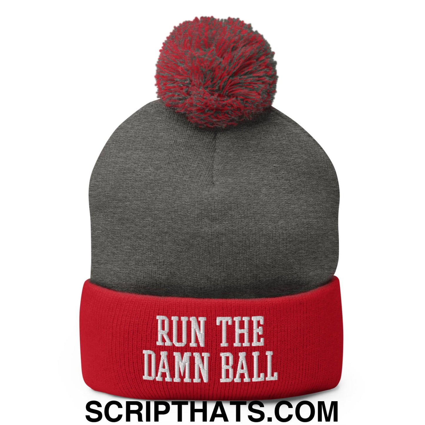 Gray and red knit run the damn ball embroidered pom pom beanie with matching pom pom on top and cuff detail