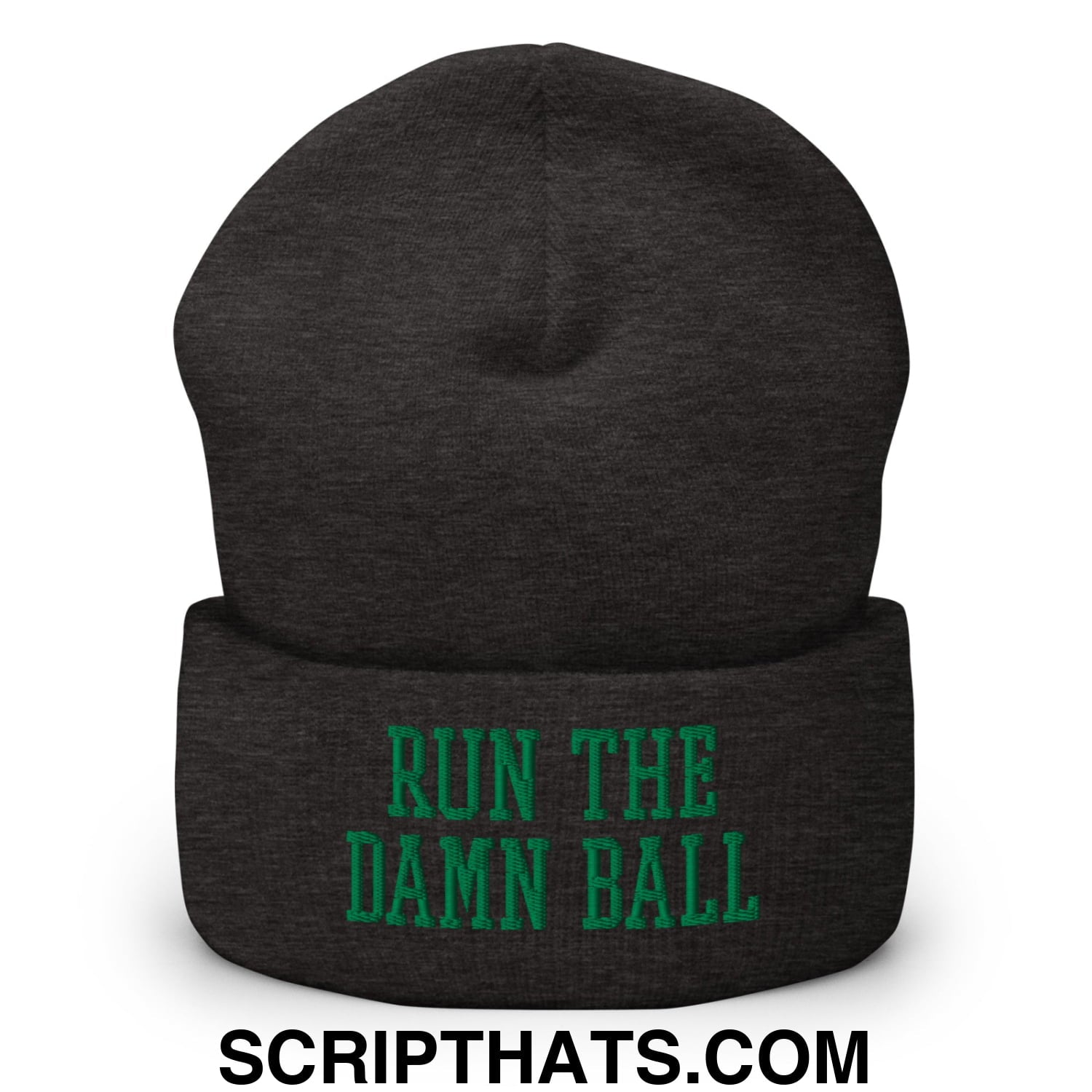 Run The Damn Ball Green Embroidered Cuffed Knit Beanie Dark Grey