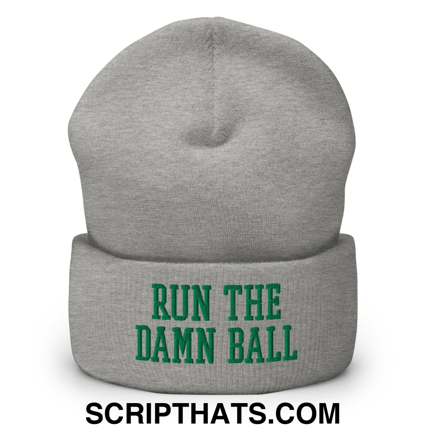 Run The Damn Ball Green Embroidered Cuffed Knit Beanie Heather Grey