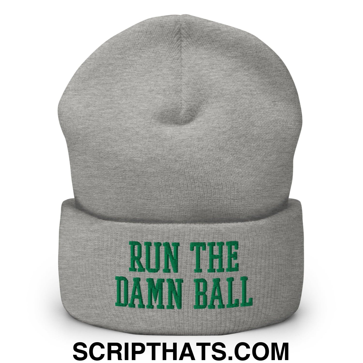 Run The Damn Ball Green Embroidered Cuffed Knit Beanie Heather Grey