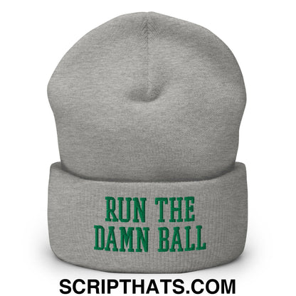 Run The Damn Ball Green Embroidered Cuffed Knit Beanie Heather Grey