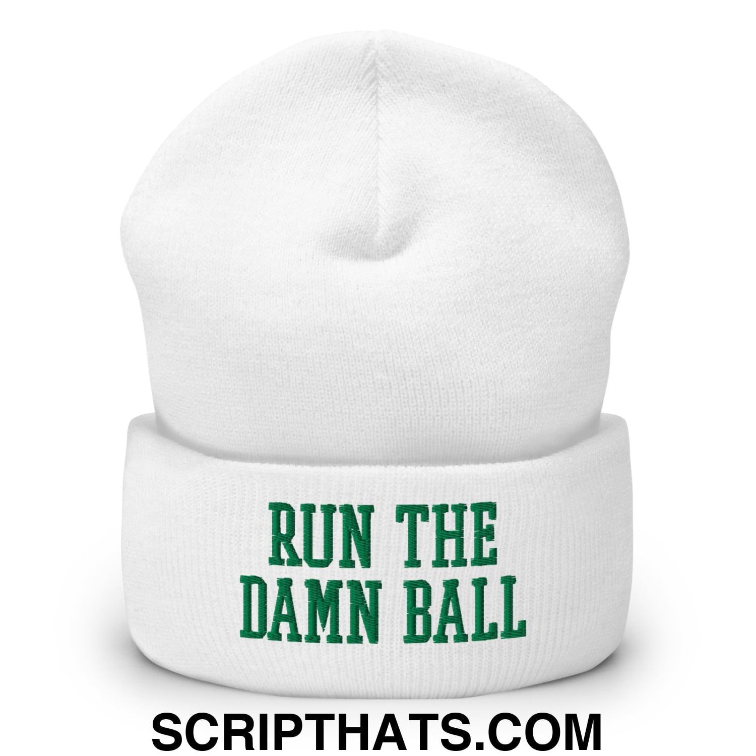 Run The Damn Ball Green Embroidered Cuffed Knit Beanie White