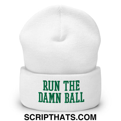 Run The Damn Ball Green Embroidered Cuffed Knit Beanie White
