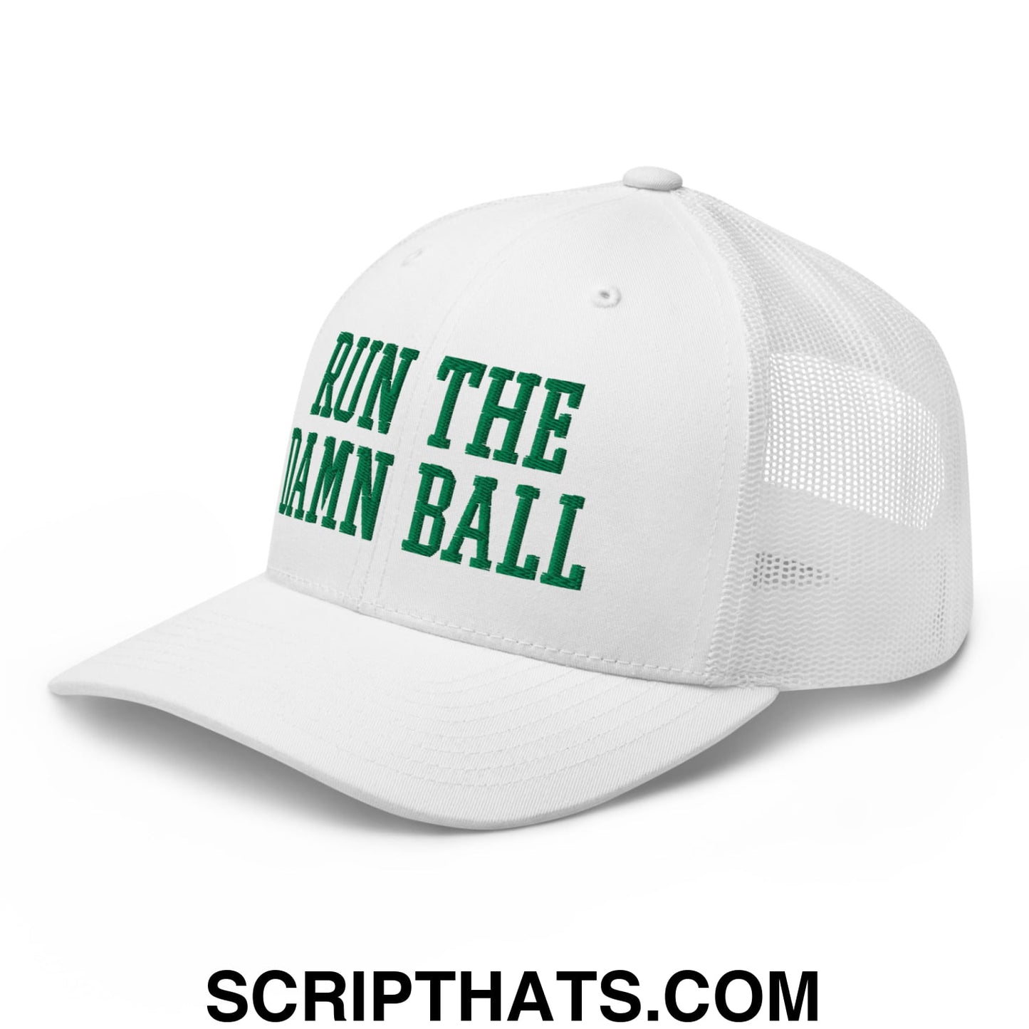 Run The Damn Ball Green Embroidered Mesh Trucker Hat White