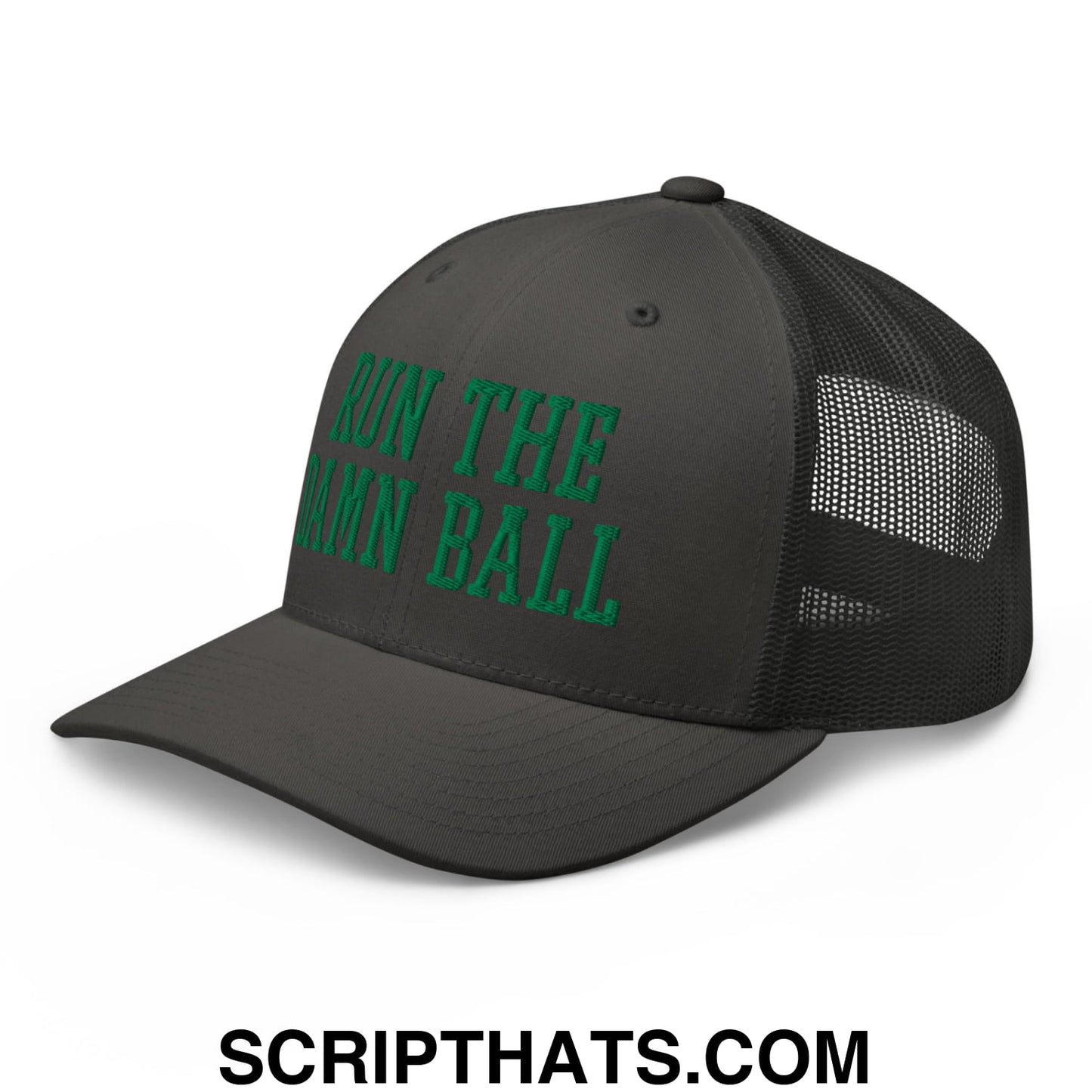 Run The Damn Ball Green Embroidered Mesh Trucker Hat Charcoal