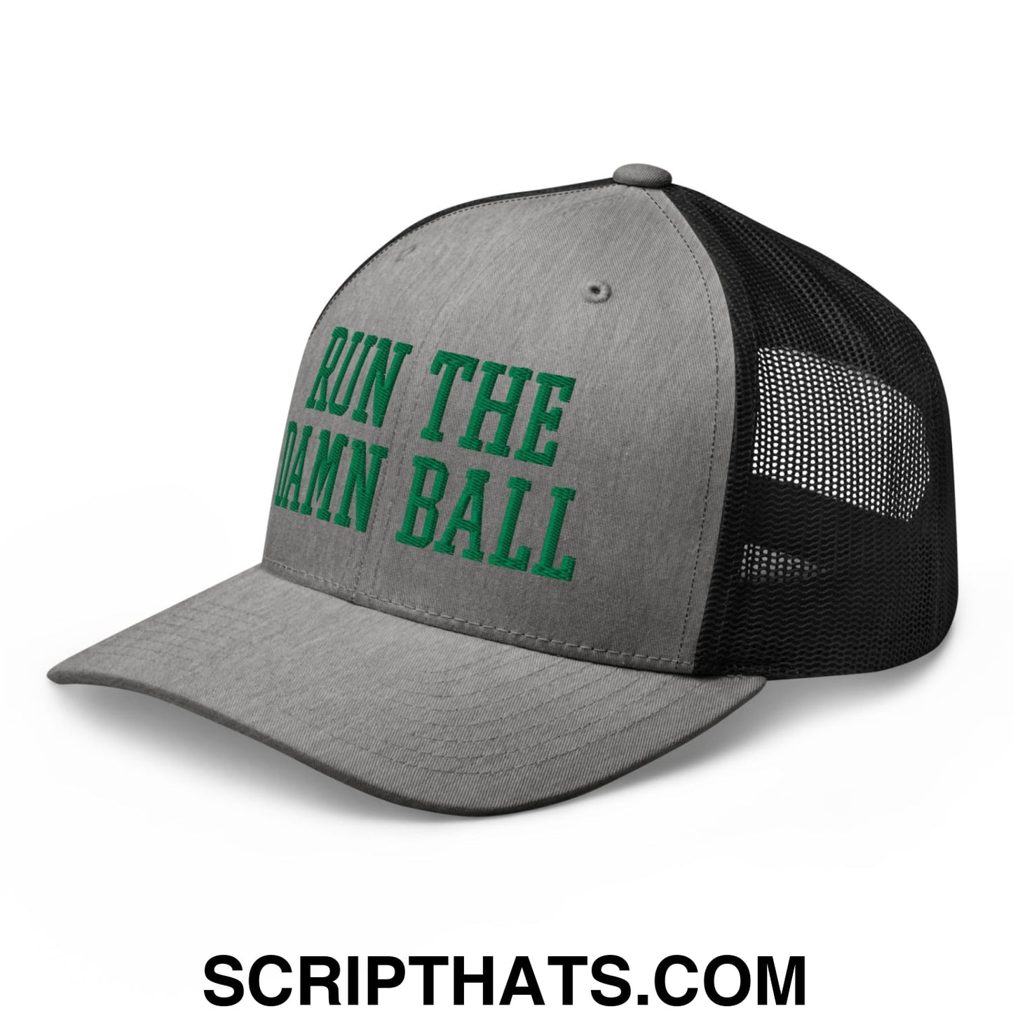 Run The Damn Ball Green Embroidered Mesh Trucker Hat Heather Black