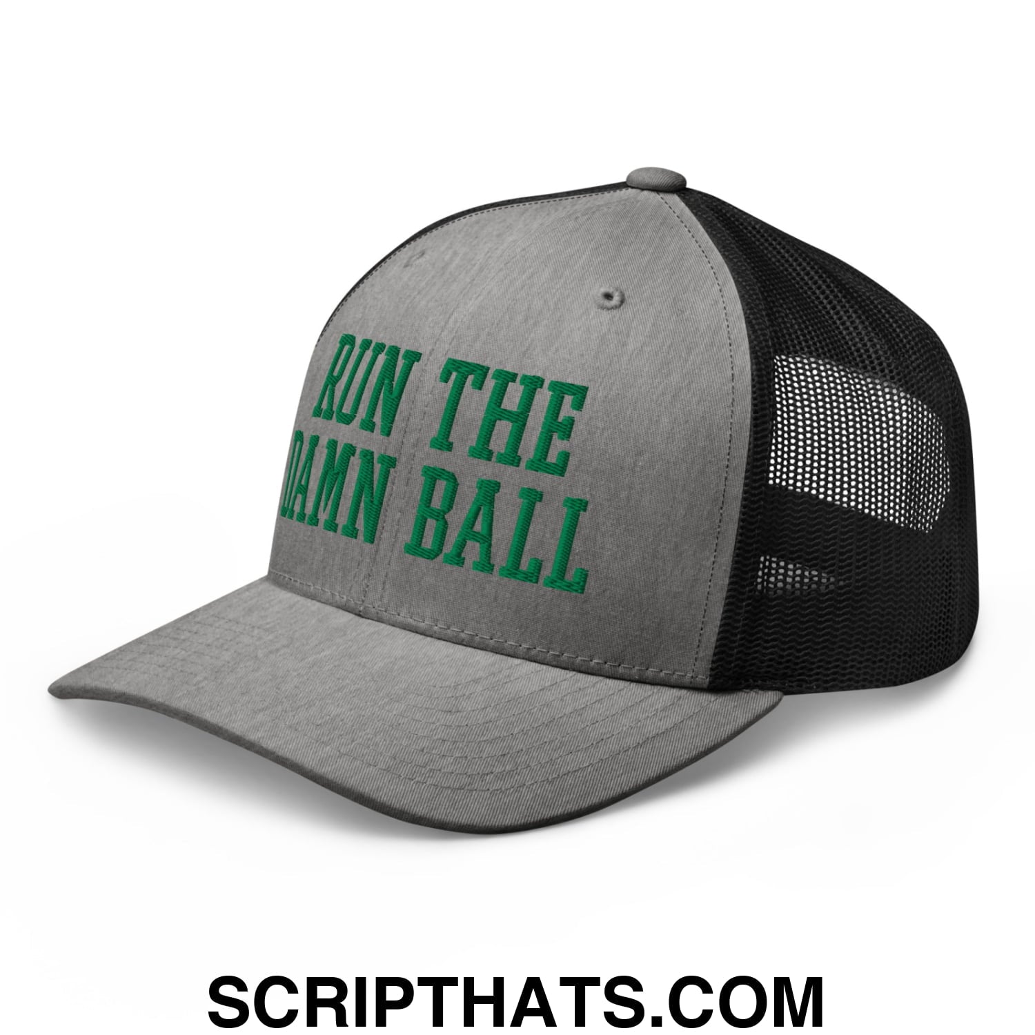 Run The Damn Ball Green Embroidered Mesh Trucker Hat Heather Black